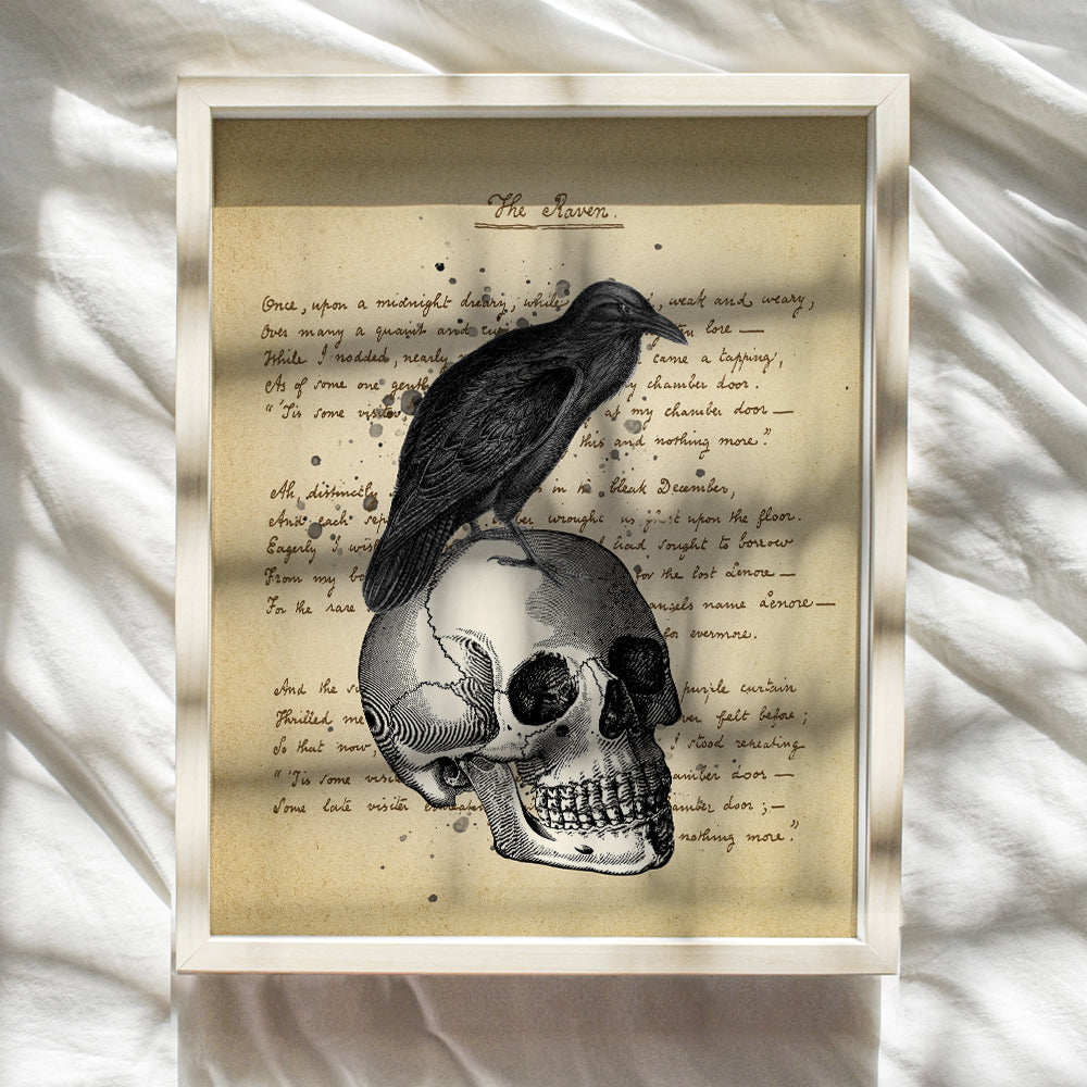 Edgar Allan Poe The Raven on Skull Poster - Vintage Gothic Creepy Wall Art - Goth Rustic Retro Home Decor, Nevermore Poem - Apartment or Office Decoration Picture for Living Room, Bedroom