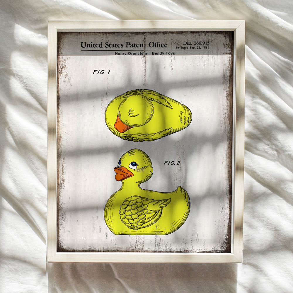 Rubber Ducky Patent Print - 8x10 Vintage Bathroom Wall Art Photo -Retro Farmhouse Cottage Home Decor for Boys, Girls, Kids, Baby Room, Nursery, Bath - Rustic Shabby Chic Gift for Mom - Unframed Poster