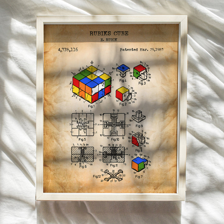 Rubiks Cube Vintage Wall Art Poster - 8x10 Patent Art Print - Chic Rustic Home Decor for Kids, Teens Room, Family or Game Room, Living Room, Den, Office, Dorm - Gift for Nerds, Gamers, Puzzle Fans