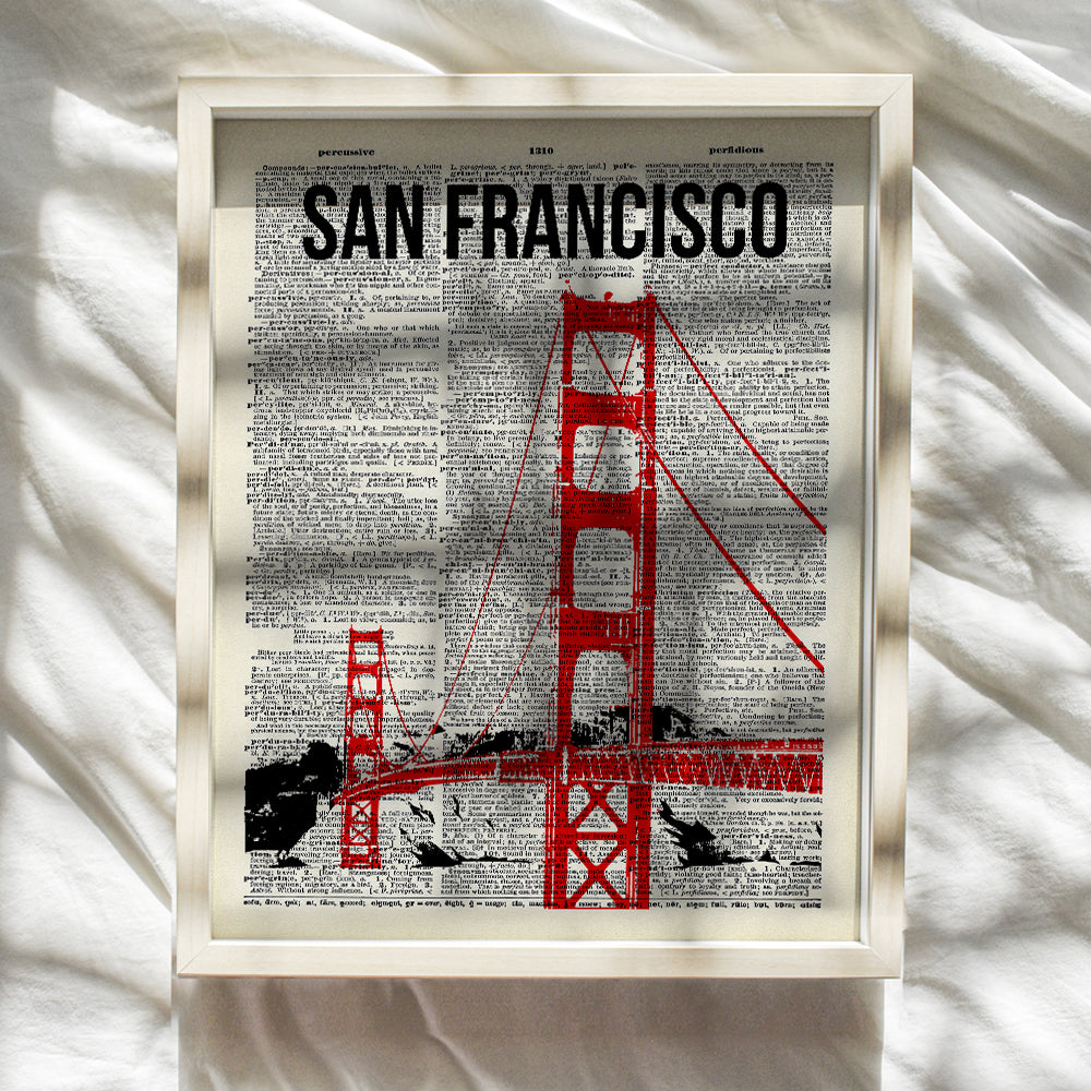 San Francisco Golden Gate Bridge Dictionary Wall Art - 8x10 Upcycled Photo, Home Decor, Room Decoration Poster Print - Cool Unique Gift for California, CA Fans - Unframed Picture