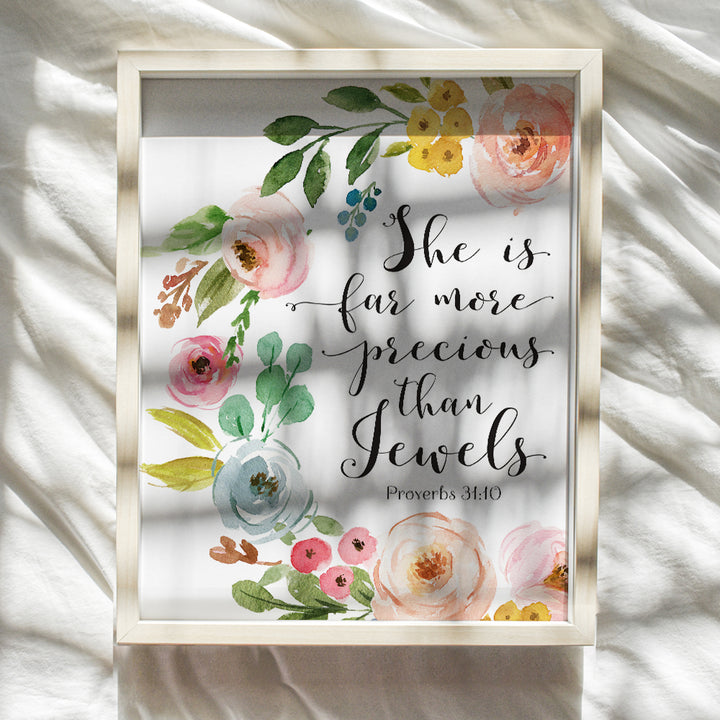 Proverbs 31 - Bible Verse Wall Art for Girls, Women, Teens - Religious Scripture Room Decor for Baby Bedroom, Living Room, Bathroom - Unique Christian Gift - Flowers in Pastel Colors 8x10 UNFRAMEDSign