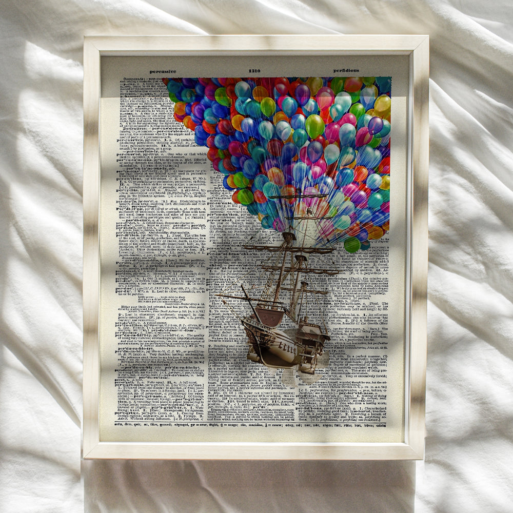 Ship Sailing with Balloons - Wall Art Print on Dictionary Photo - Great Gift for Hot Air Balloon Enthusiasts - Steampunk Chic Home Decor - Colorful - Ready to Frame (8x10) Vintage Photo