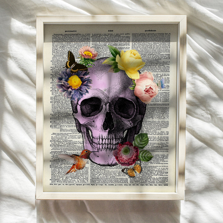 Skull Wall Decor - Gothic Skull Wall Art Print - Pink Shabby Chic Pop Art Poster for Medical Doctors Office - Unique Room Decorations or Gift for Women, Teens Bedroom - Floral Butterflies Hummingbird