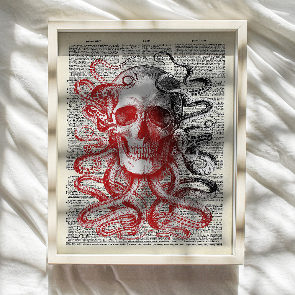 Skull Octopus Dictionary Art - 8x10 Wall Art Poster - Unique and Affordable Gift, Steampunk Chic Home Decor - Unframed Vintage Photo Print - Goth Gothic Picture