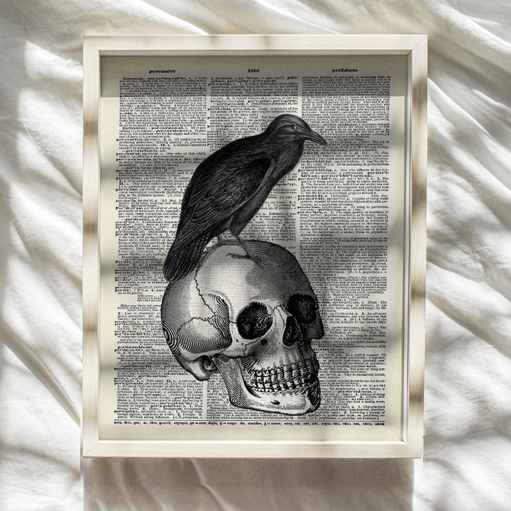 Goth Skull and Raven Dictionary Art - 8x10 Vintage Poster Print for Home Decor, Wall or Room Decoration - Cool Unique Affordable Gift for Gothic Edgar Allan Poe Fans - Unframed Photo Picture