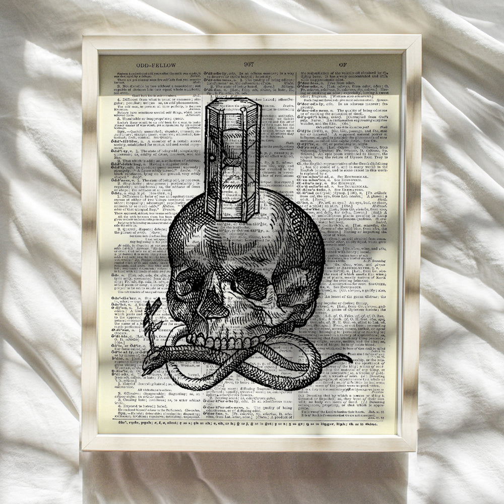 Skull, Snake, Hourglass Goth Gothic Home Decor - Gift for Occult, Wicca, Wiccan, Esoteric Arts Fan - Vintage Dictionary Room Decor Wall Art Print - Steampunk Poster - 8x10 UNFRAMED