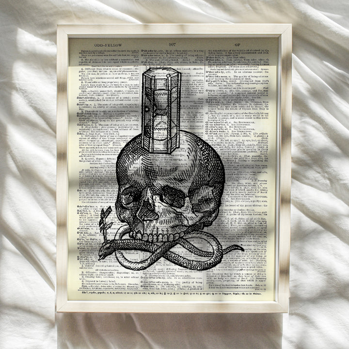 Skull, Snake, Hourglass Goth Gothic Home Decor - Gift for Occult, Wicca, Wiccan, Esoteric Arts Fan - Vintage Dictionary Room Decor Wall Art Print - Steampunk Poster - 8x10 UNFRAMED