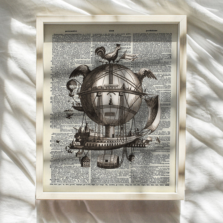 Steampunk Dirigible Airship - Cool Rustic Upcycled Dictionary Wall Art Print - Gift for Steampunk Hot Air Balloon Fans - Unique Goth Gothic Home Decor - Vintage 8x10 UNFRAMED Photo