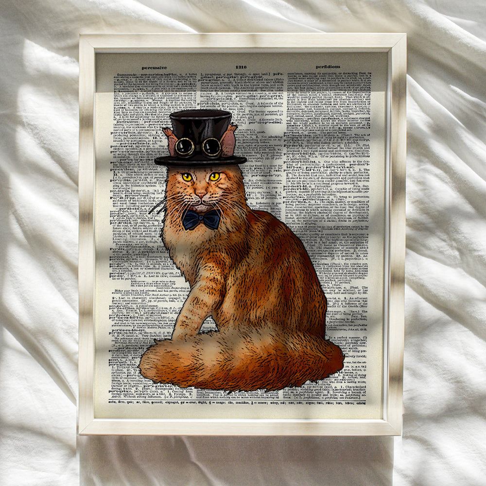 Steampunk Cat Wall Art Decor - 8x10 Dictionary Art Poster Picture- Chic Upcycled Home and Wall Decor, Room Decoration - Cool Gift for Cat Lovers, Pet Owners, Kitty, Kitten, Animal Fans, Girls, Women