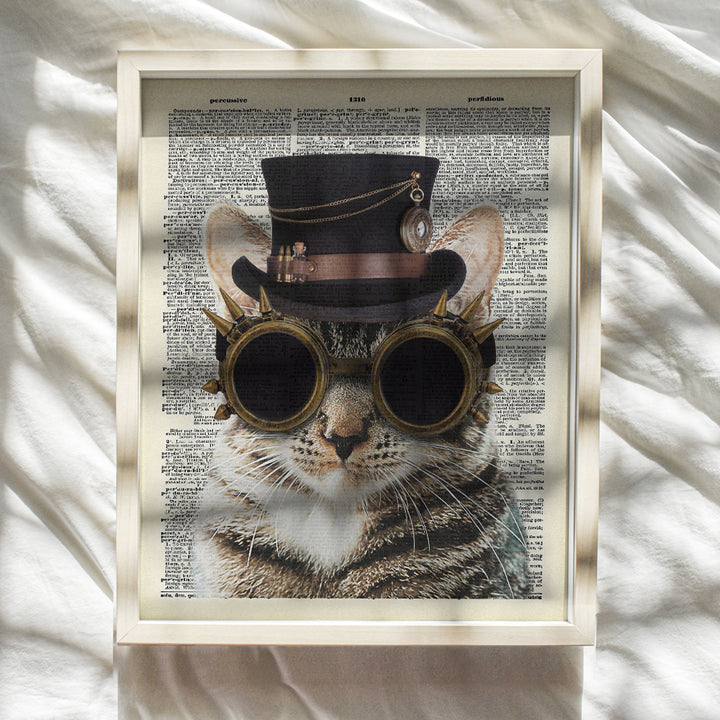 Steampunk Cat Wall Art - Funny Goth Cat Wall Decor Print for Bedroom, Veterinarian Office - Gift for Vet, Boys, Men, Teens, Women, Kitty, Kitten, Feline, Pet, Cat Lovers - Unique Gothic Dictionary Art