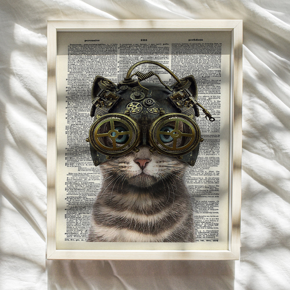 Steampunk Cat in Goggles, Gears - Gothic Wall Art Home Decor - Cat Wall Art - Gift for Kitty Kitten Pussycat Victorian Renaissance Fan - Home Decoration Poster Picture - Bedroom, Bathroom, Living Room