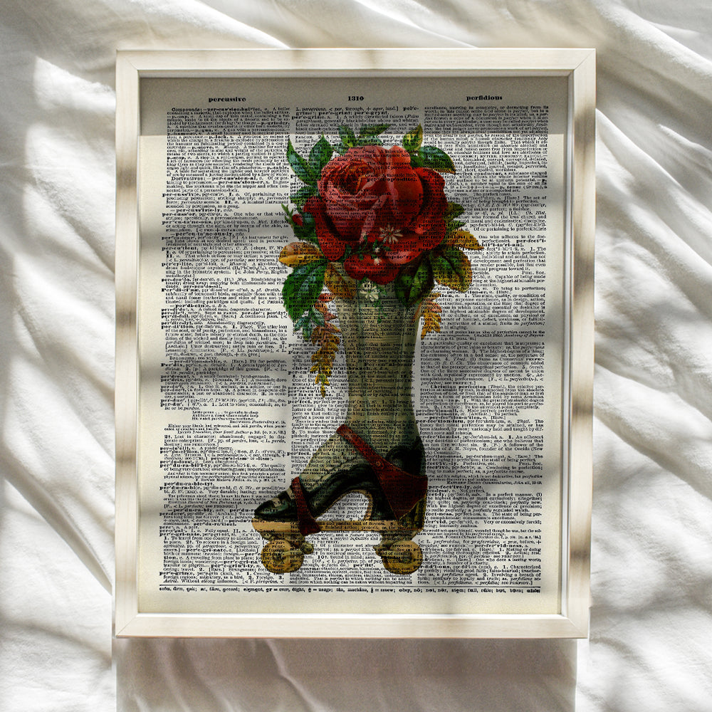 Steampunk Roller Skate Dictionary Wall Art - Vintage Retro Hipster Victorian Home Decor for Bedroom, Bathroom, Office, Living Room - Unique Cool Shabby Chic Gift - Floral Rose Poster Print Artwork