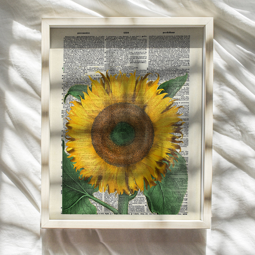 Sunflower On Photo of Dictionary Page - Unframed Wall Art Print - Great For Home Decor - Affordable and Easy Gift Giving - Ready to Frame (8x10) Photo