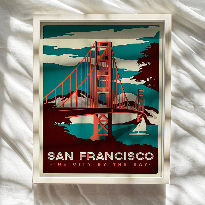 San Francisco Golden Gate Bridge Vintage Art Print Wall Poster -Chic Home Decor for Living Room, Bedroom, Family Room, Office - Gift for California CA Travel Fans- 8x10 Photo Unframed