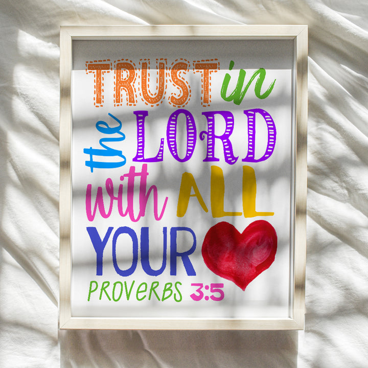 Religious Decor - Bible Verse Scripture Wall Art for Kids Bedroom, Boys, Girls Room, Bible Study, Church Sunday School - Inspirational Christian Gifts - Trust in the Lord With All Your Heart Proverbs