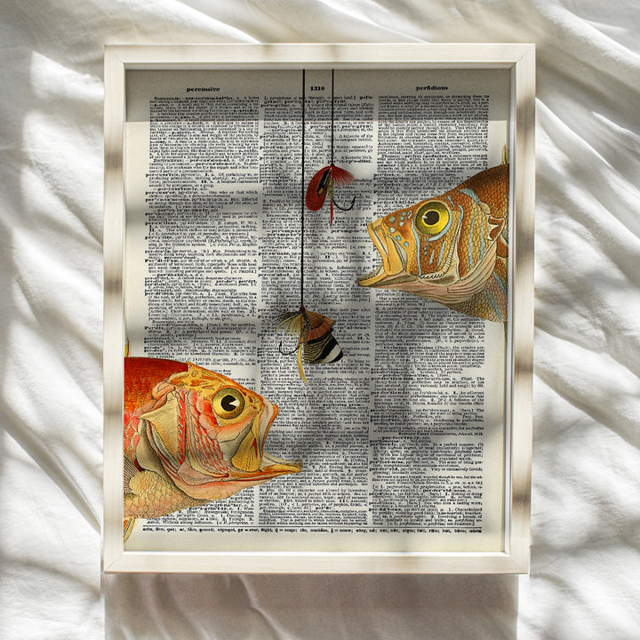 Fishing Upcycled Dictionary Wall Art Print - 8x10 Vintage Unframed Photo - Perfect Gift for Fishermen and Great Beach House and Lake House Home Decor - 2 Hungry Fish