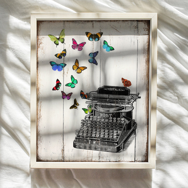 Typewriter Butterfly Home Decor, Wall Art - Cute Rustic Shabby Chic Decoration for Living Room, Bedroom, Bathroom, Kitchen - Vintage Style Poster or Gift for Writer, Literature Fan- 8x10 UNFRAMED