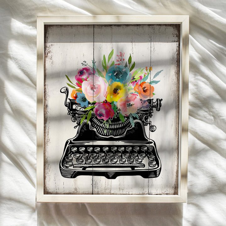 Rustic Floral Typewriter Wall Art, Farmhouse Home Decor - Vintage, Shabby Chic Decoration for Bedroom, Living Room, Office - Gift for Writer, Author, Secretary, Personal Assistant, Journalist, Teacher