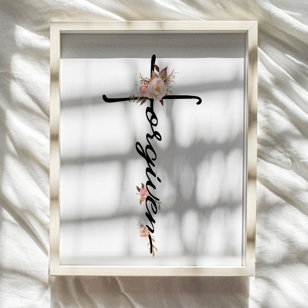 Christian Wall Art - Religious Wall Decor - Inspirational Shabby Chic Gift for Women, Wife - Floral Picture for Home Decoration, Office, Church, Apartment, Bedroom, Living Room -8x10 Forgiven Cross