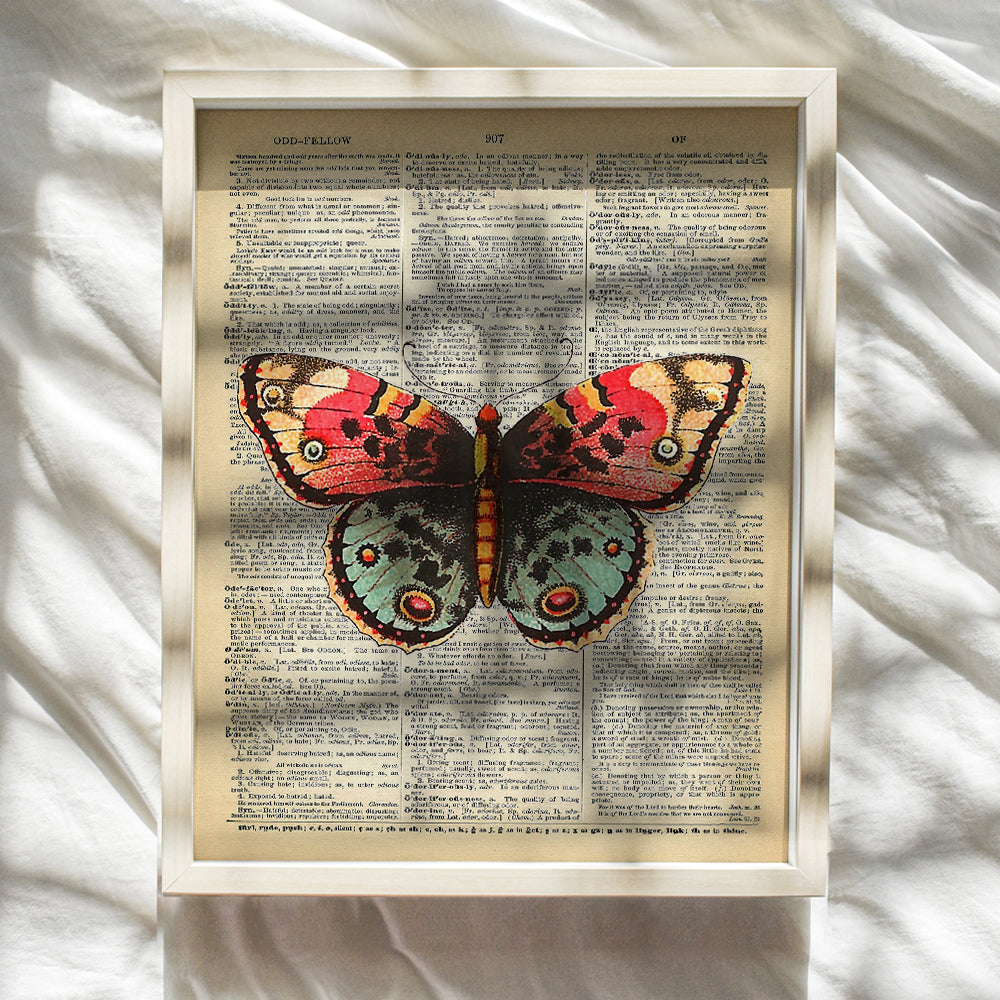 Upcycled Dictionary Wall Art Print - 8x10 Vintage Unframed Photo - Great For Home Decor and Easy Gift Giving - Nature - Orange and Green Butterfly