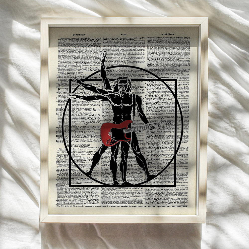 Leonardo Davinci Guitar Player Vitruvian Man with Electric Guitar Poster - 8x10 Guitar Wall Art Room Decor for Bedroom, Living Room, Studio - Gift for Musician, Guitarist, Men, Teens, Boys