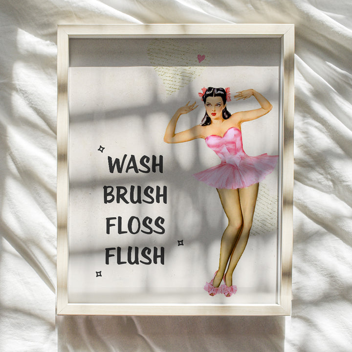 Wash Brush Floss Flush Sign - Vintage Bathroom Wall Art Decoration - Cute Unique Gift or Bathroom Decor for Women - Pink 1950s Pinup for Powder Room, Guest Bath, Restroom - UNFRAMED Retro Poster Print