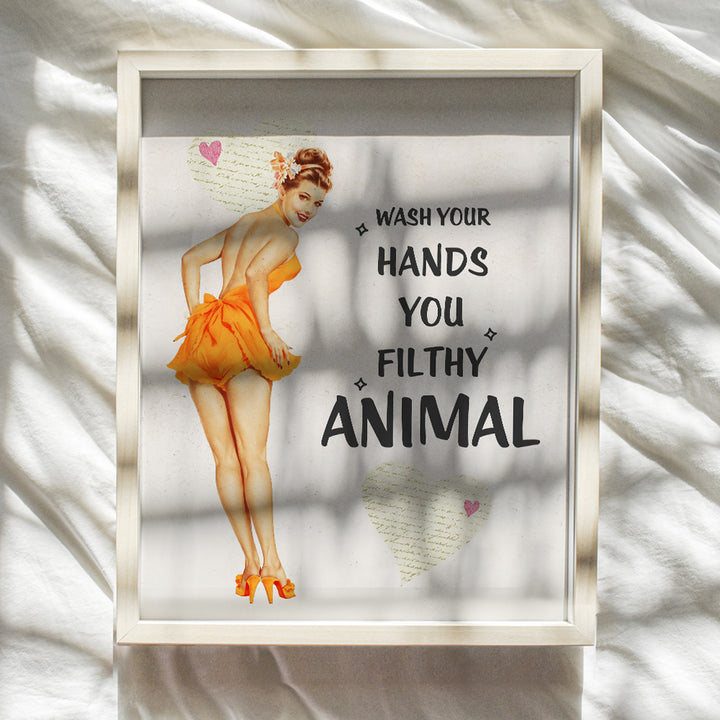 Wash Your Hands - Vintage Style Sign - Bathroom Home Art Pinup Print - Funny 8x10 Wall Decor Picture for Bath - Great Unique Humorous Gift - 1950s Retro Poster Print Decoration