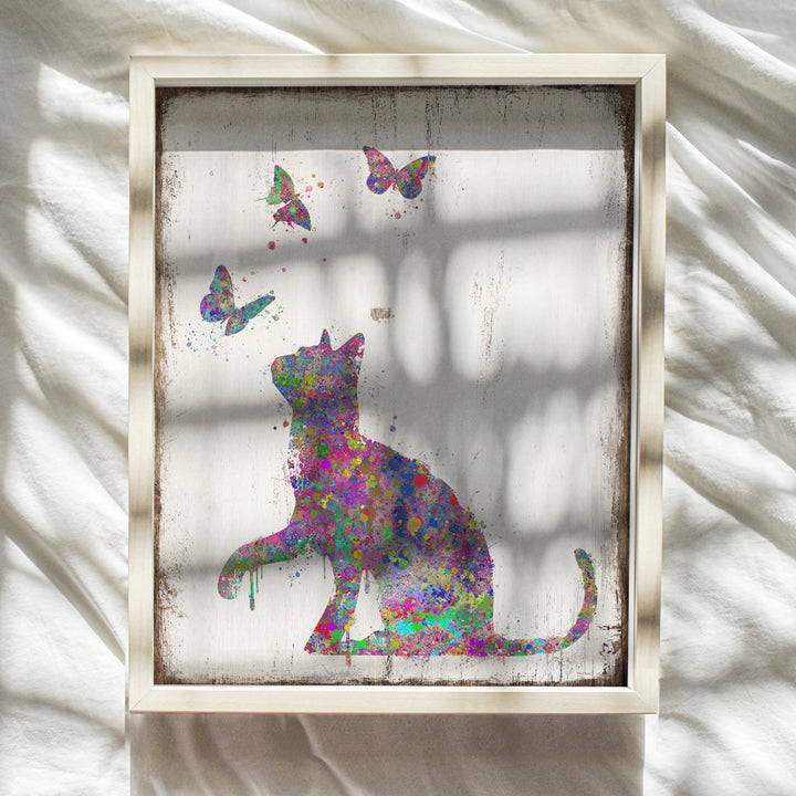 Cat with Butterflies Wall Art Print - Rustic Boho Home Decor - Decoration for Bedroom, Bathroom, Childrens, Girls, Baby Kids Room or Nursery - Great Gift for Kitty Lovers - 8x10 UNFRAMED Poster