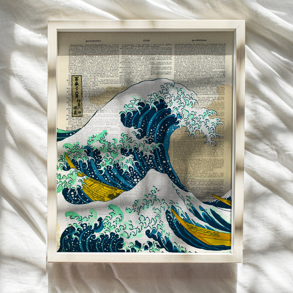 Wave off Kanagawa Japanese Wall Art Print on Dictionary Photo - Ready to Frame (8X10) Vintage Photo - Great Gift for Surfers - Cool Home Decor