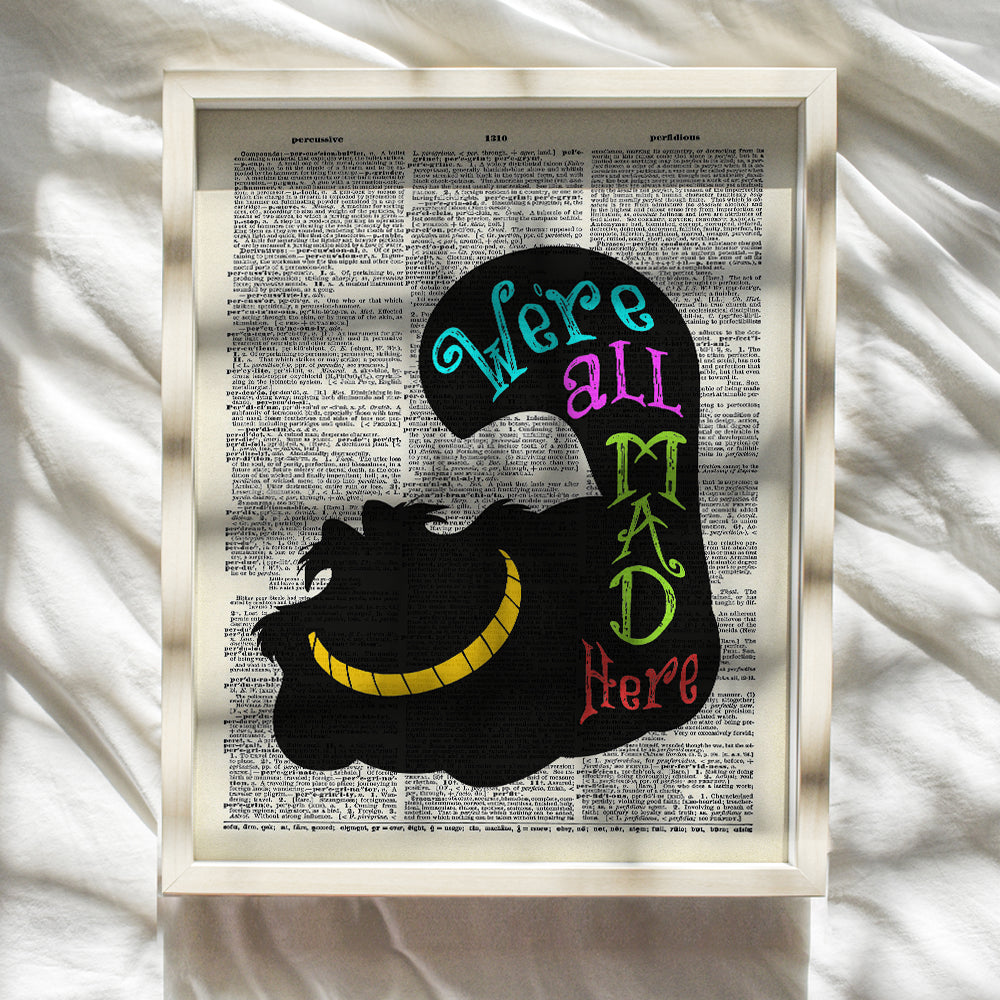 Cheshire Cat Wall Decor - Cat Wall Art - Unique Gift for Alice Wonderland Fans - 8x10 Dictionary Art Photo Poster for Girls, Boys, Kids Room, Office Decor, Home Decoration - Unframed Picture Print