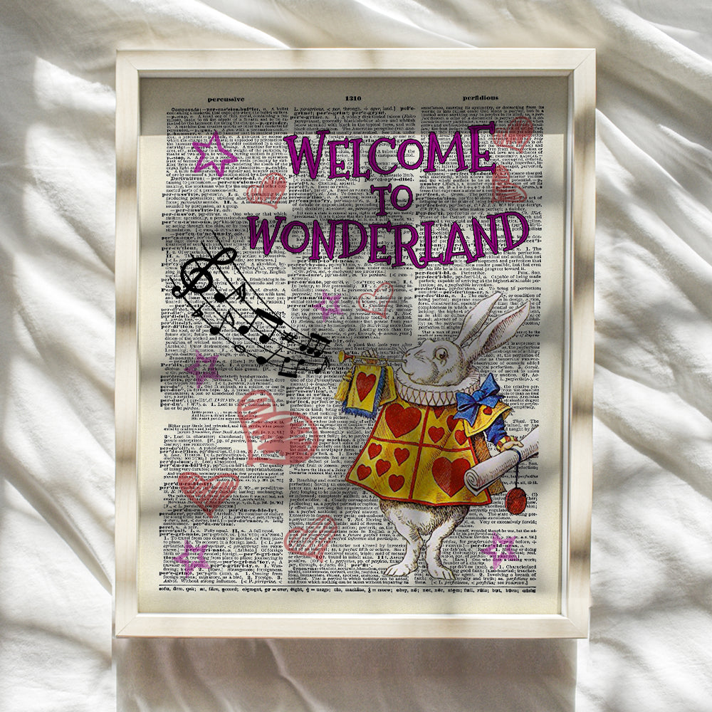 Alice Wonderland Art Print - White Rabbit Upcycled Dictionary Wall Art Poster for Nursery, Kids, Boys, Girls Room - Great Baby Shower Gift - 8x10 Unframed Photo