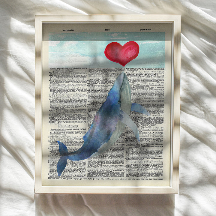 Whale Coastal Wall Art - Nautical Home Decor - Ocean, Sea, Beach Decoration - Unique Boho Gift - Cute Heart Bathroom Art for Women - 8x10 Shabby Chic Photo, Picture - Unframed Poster Print