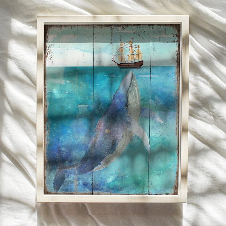 Whale Wall Art Poster - 8x10 Beach Bathroom Decor - Ocean, Sea House Room Decor, Home Decoration - Nautical Restroom, Bath Art - Unique Shabby Chic Gift - Blue Ship Sailing Picture Print