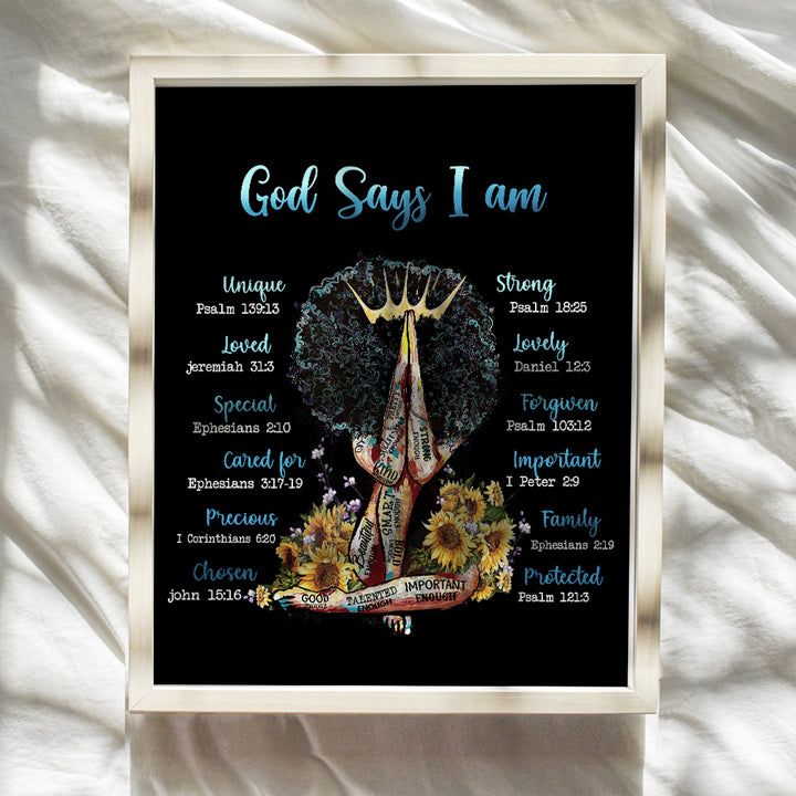 Positive Affirmations Black Wall Art - Inspirational Bible Verses Religious God Decor - Spiritual Christian Scripture Poster - African American Women, Black Woman, Girls - I Am - Encouragement Gifts