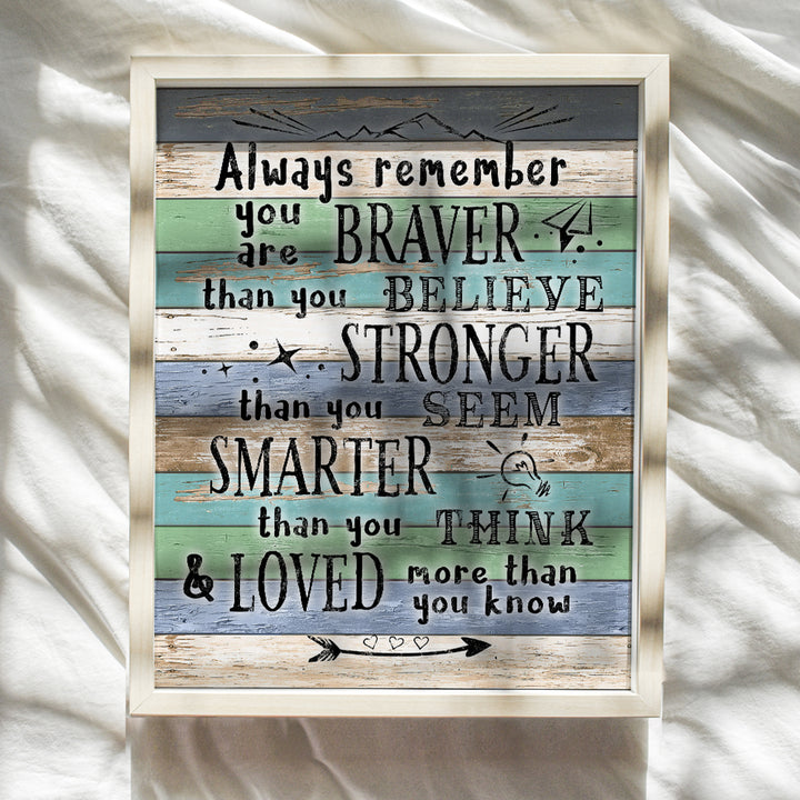 Always Remember You Are Braver - A.A. Milne Quotes Wall Art - Inspiring Positive Quotes Wall Decor - Inspirational Poster - Uplifting Encouragement Gift for Women - Kids Room Bedroom 8x10