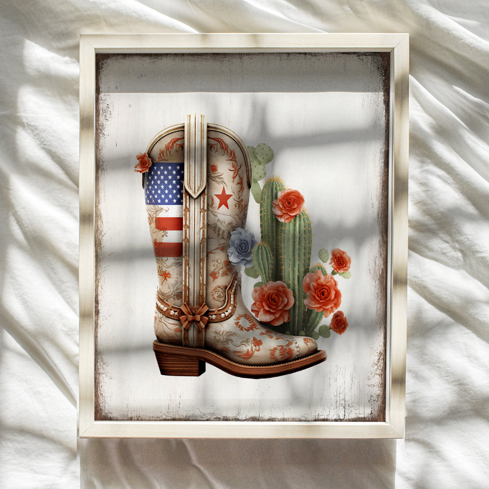 Rustic Country Farmhouse Wall Decor - Boho Shabby chic Western Home Decor - Patriotic American Flag Cowgirl Cowboy Boot Decor - Texas Southwestern Cactus Wall Art for Women, Girls Bedroom, Teen Room