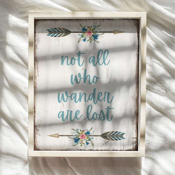 Not All Who Wander Are Lost Wall Decor - Indian Arrow Wall Decor - Hippie Room Decor - Light Blue Rustic Bohemian Wall Art - Inspirational Boho Decorations - Girls, Womens Bedroom - Positive Quotes