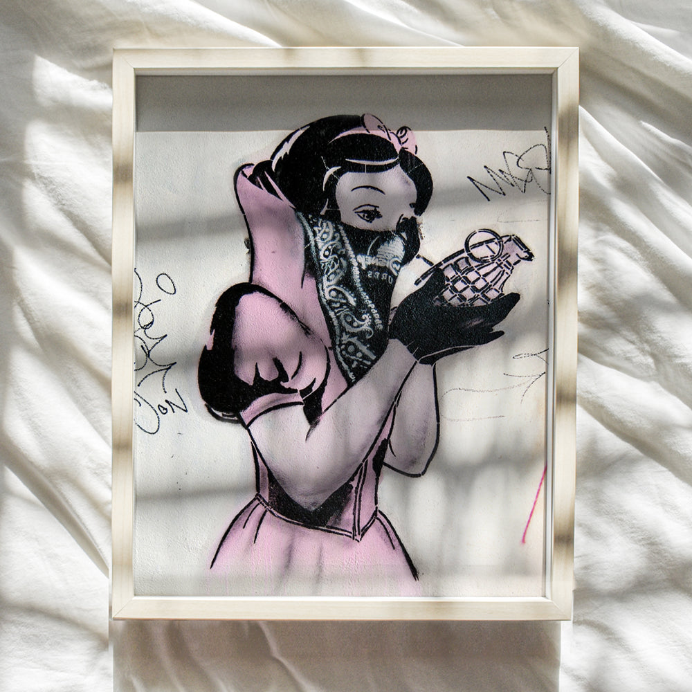 Banksy Poster - 8x10 Funny Gangster Snow White Hand Grenade - Urban Graffiti Wall Art Decor, Room Decoration for Bedroom, Dorm, Living Room - Gift for Teens, Street Art Fans, Men Women