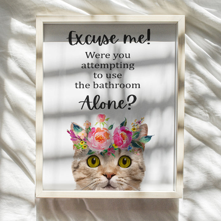 Cute Cat Bathroom Decor - Bathroom Wall Decor for Women - Cat Wall Art - Tabby Cat Wall Decor Poster - Funny Bathroom Wall Art - Cat Themed Cat Lover Gifts - Powder Room Wall Art - Bath Wall Decor