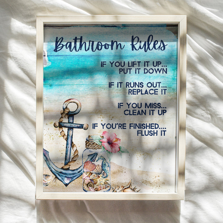 Nautical Coastal Beach Bathroom Decor - Rustic Blue Bathroom Decor - Seashell Bathroom Decorations - Seahorse Bath Art - Bathroom Rules Sign - Bathroom Decor for Women - Ocean Decor - Anchor Wall Art