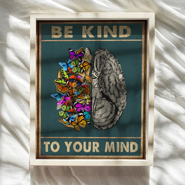 Yellowbird Art & Design Wall Art & Decor - Be Kind to Your Mind Mental health Wall Art- Vintage Butterflies Brain Wall Art Poster - Zen Meditation Wall Art - Office Family Living room Bedroom Wall Art