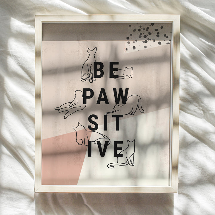 Inspirational Cat Art Wall & Decor - Cat Lover Gifts for Women - Cute Motivational Cat Posters 8x10 - Aesthetic Abstract Minimalist Mid Century Modern Cat Decor - Be Positive Geometric Line Art