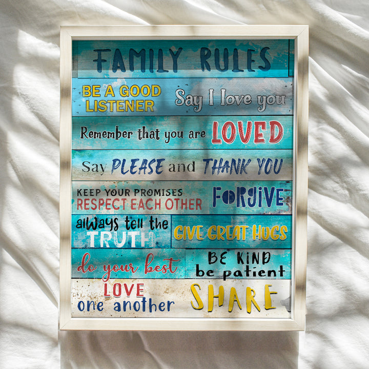 Family Wall Art - Family Rules - Positive Quotes Shabby chic Wall Art - Rustic Beach Wall Art print - Family Wall Decor - Inspirational Positive Quotes Wall Decor - Blue Beach Decor - 8X10 UNFRAMED