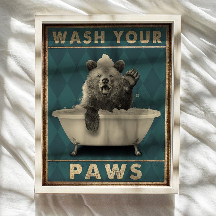 Wash Your Paws - Bear Wall Art - Funny Bathroom Decor for Women, Kids - Bathroom Pictures - Bath Wall Decor - Cute Bathroom Accessories - Powder Room - Wash Your Hands Restroom Sign - Butt Napkins