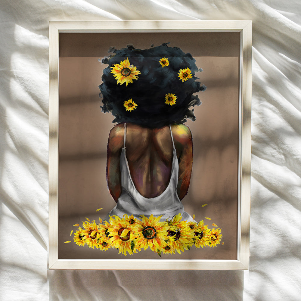 African American Wall Art - Black Wall Art - Sunflower Wall Decor For African American Woman, Girls - Black Girl Magic - Afro Girl - Black Art for Women - Melanin Queen - Black Pride - UNFRAMED 8x10