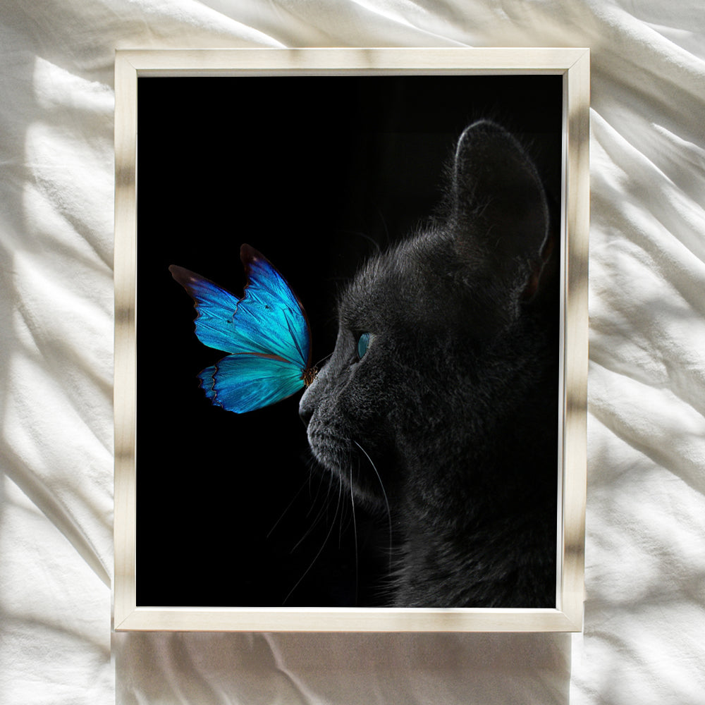 Cat Wall Decor - Butterfly Wall Decor - Blue Butterfly - Black Cat - Cat Gifts for Women - Cute Cat Poster - Cat Posters for Girls Bedroom - Cat Lover Gifts - Cat Wall Art - Butterfly Wall Art