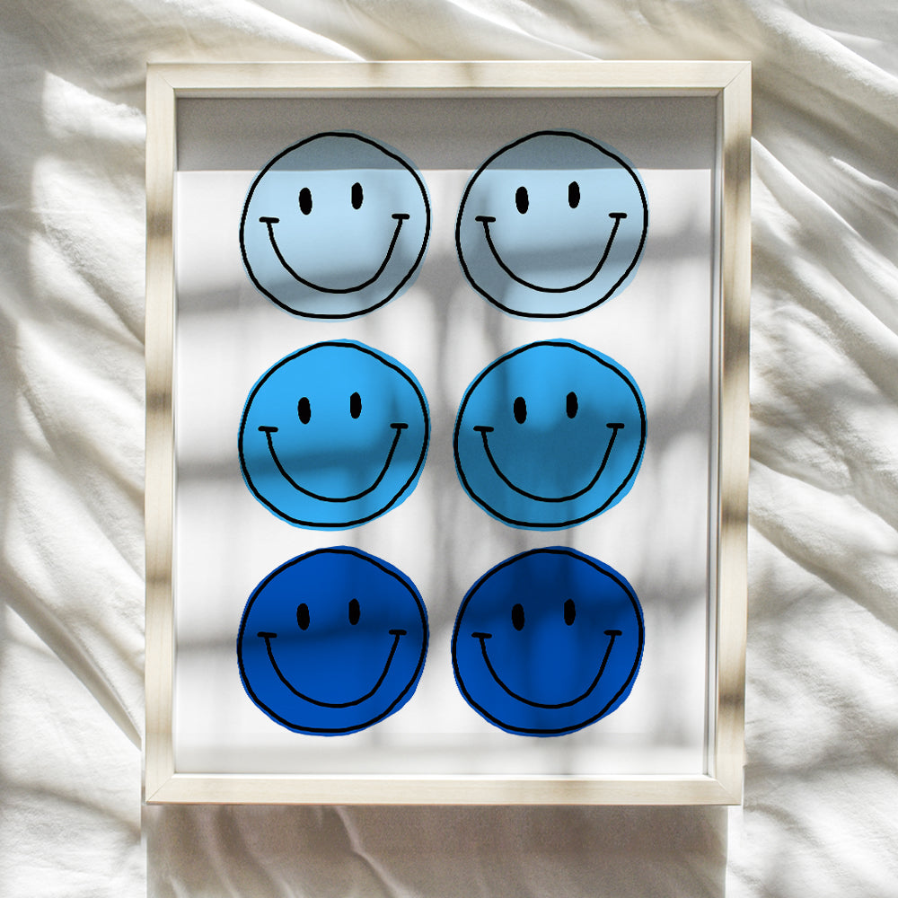 Smiley Face Wall Art & Decor - Blue Smile Preppy Wall Art Poster print - Yellowbird Art & Design Contemporary art Aesthetic Indie Grunge Home Decor - Living room, Boys Bedroom Decor UNFRAMED 8X10