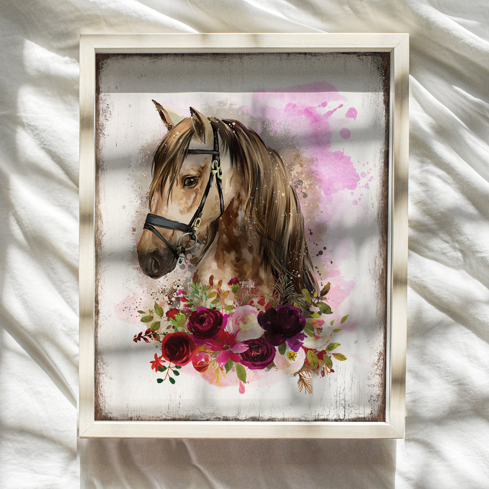 Boho Horse Wall Art & Decor - Rustic Farmhouse Barn Wall Decor for Girls Bedroom, Office, Living Room - Country Western Shabby Chic Decorations - Gift for Equestrian Women - Pink Pony Poster