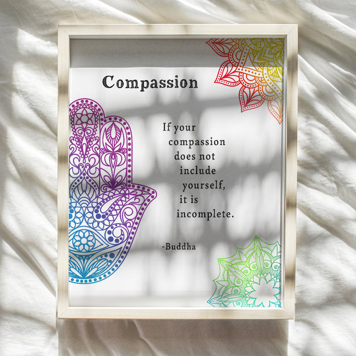 Compassion Buddha Quote - Inspirational Zen Wall Art Decor - 8x10 Buddhism Poster Print for Spa Decoration, Yoga, Meditation Room - Namaste Buddhist Gift - Hamsa Hand of Fatima, Mandala, Lotus, Om