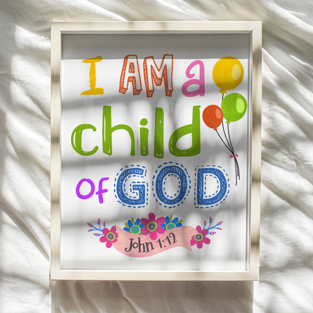 Child of God Scripture Decor - Christian Bible Verse Wall Art Poster for Nursery, Little Boys Room, Toddler Girls Bedroom - Religious Gifts for Kids - God Wall Decor - Positive Inspirational Quotes